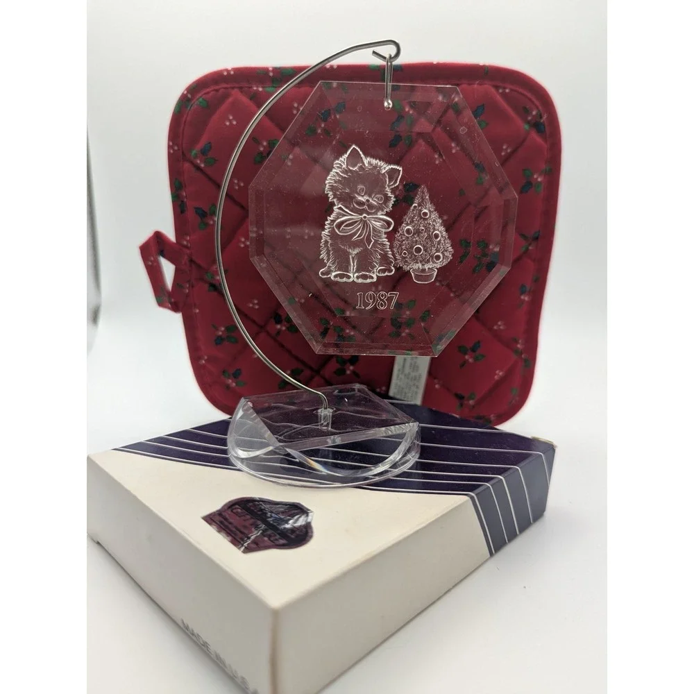 Vintage Crystalex Etched Kitten Cat Christmas Tree Ornament 1987 Giftware‎